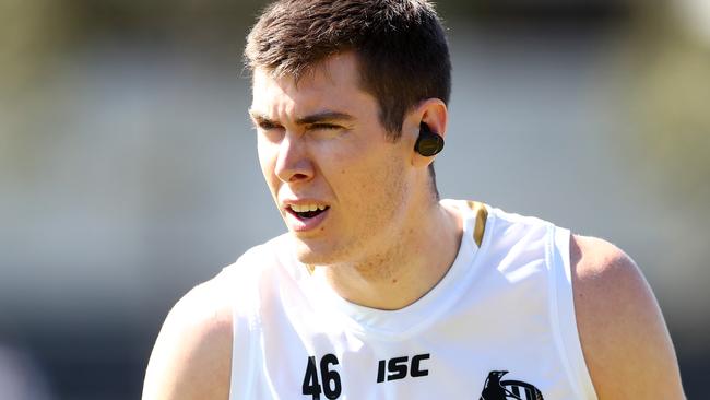 MELBOURNE, AUSTRALIA - SEPTEMBER 19: Mason Cox of the Magpies looks on during a Collingwood Magpies AFL training session at The Holden Centre on September 19, 2019 in Melbourne, Australia. (Photo by Kelly Defina/Getty Images)