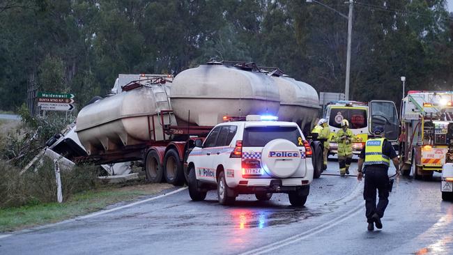 Three people died after a collision between a truck and car on the D’Aguilar Hwy near Nanango.. Picture: Andrew Hedgman