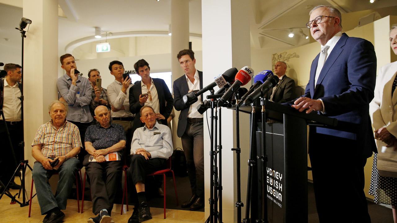 Holocaust survivors, pictured sitting in the front row, watch as Anthony Albanese speaks at the Sydney Jewish Museum in December. Picture: John Appleyard