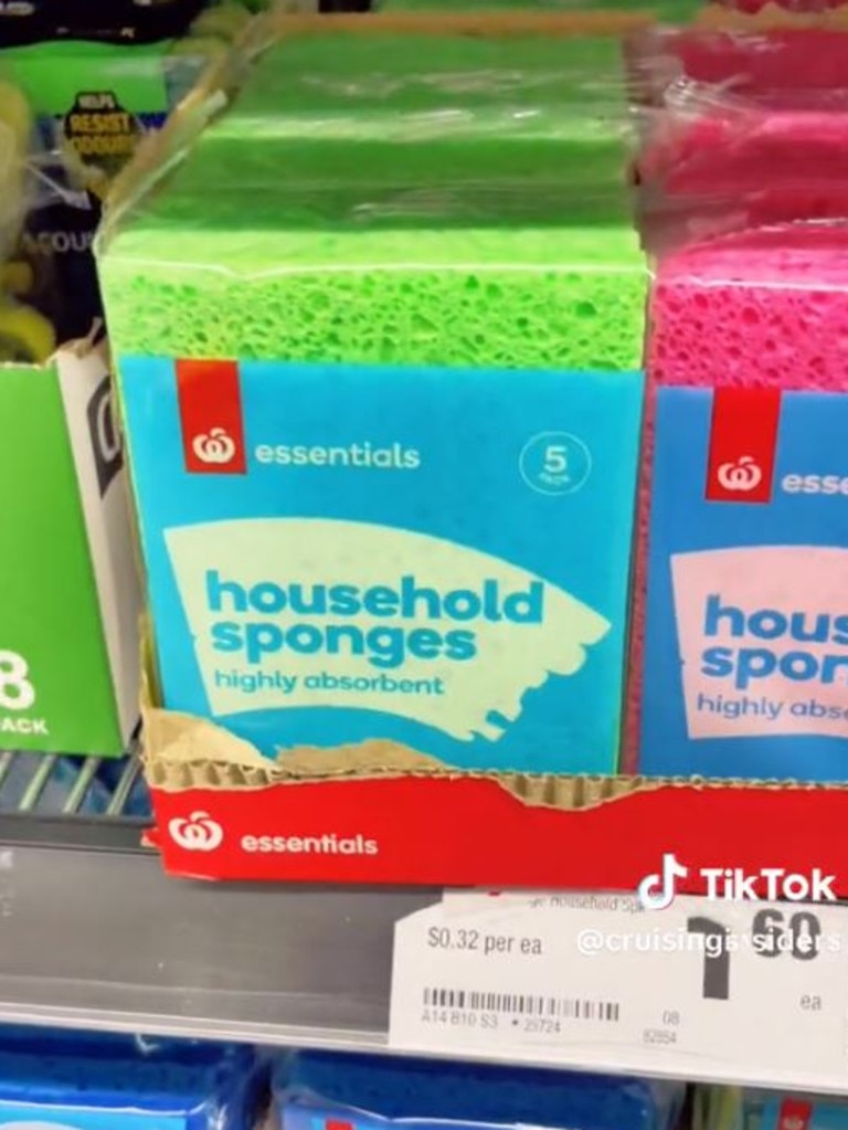 You just need a cheap sponge. She used a $1.60 sponge pack from Woolies. Picture: TikTok/cruisinginsiders