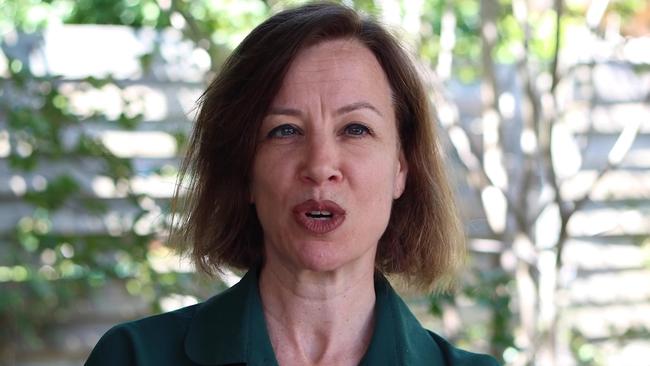 Jo Dyer, left, who championed the case of a woman who accused Christian Porter of historical rape, announces via video that she will contest the South Australian seat of Boothby at the election.