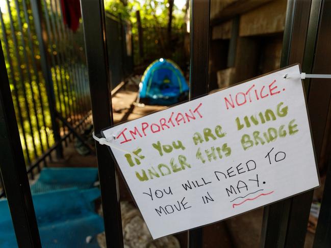 The homeless and drug addicts live in tents along the town’s river. This makeshift home is under a bridge on the edge of town. Picture: David Swift