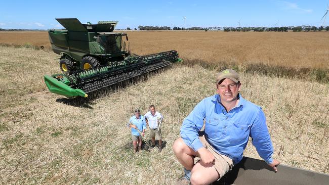 Rob Cameron, his father Andy, dog Molly pictured harvesting canola, with their truck driver Aleliesha Harbour from Yendon, Mount Mercer. Picture: Yuri Kouzmin