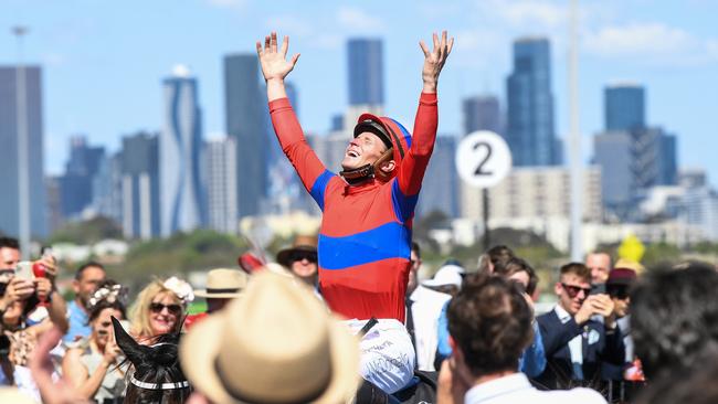 Verry Elleegant, ridden by James McDonald, returns to the mounting yard after winning the Lexus Melbourne Cup at Flemington Racecourse on November 02, 2021. Picture: Getty.