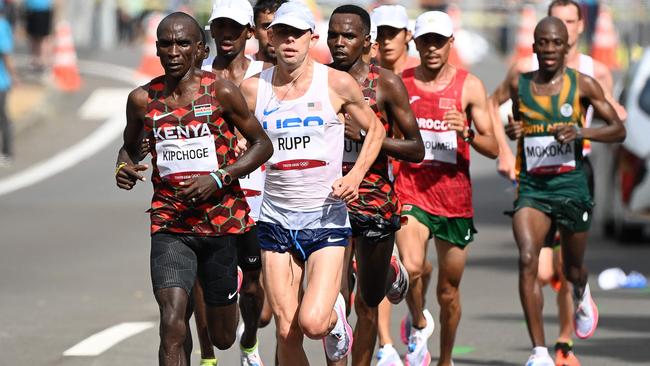 Kenya's Eliud Kipchoge takes the lead in the marathon. Picture: AFP