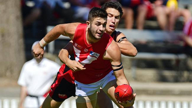 North Adelaide’s Keenan Ramsey kicked six goals in the Roosters’ thrashing of West Adelaide at Prospect Oval. Picture: Tom Huntley