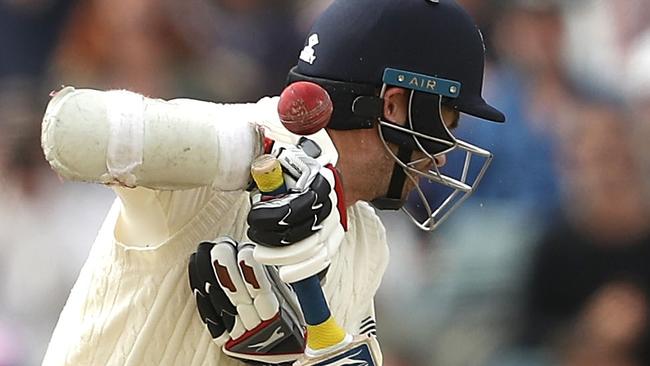 James Anderson is nailed by a Pat Cummins bouncer.