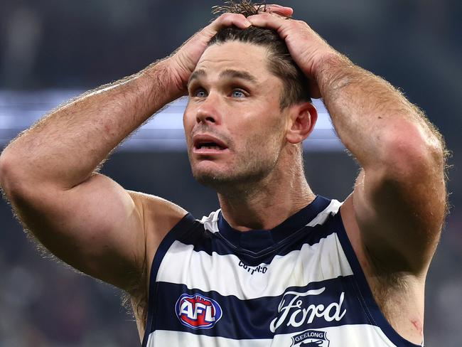 MELBOURNE, AUSTRALIA - MAY 04: Tom Hawkins of the Cats looks dejected after losing the round eight AFL match between Melbourne Demons and Geelong Cats at Melbourne Cricket Ground, on May 04, 2024, in Melbourne, Australia. (Photo by Quinn Rooney/Getty Images)