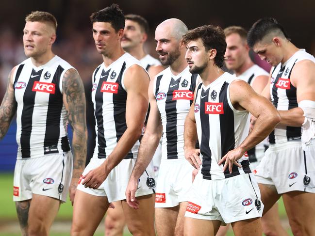 BRISBANE, AUSTRALIA - APRIL 06: Magpies leave the field after losing the round four AFL match between Brisbane Lions and Collingwood Magpies at The Gabba, on April 06, 2023, in Brisbane, Australia. (Photo by Chris Hyde/AFL Photos/via Getty Images )