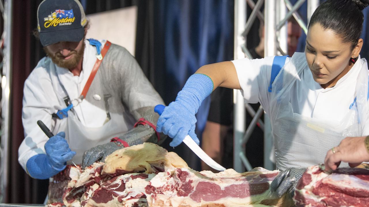 Lucas Harrison and Heylla Ferreira Da Silva from NH Foods Oakey. Vadals Australian Boning Wars at Meatstock, Toowoomba Showgrounds. Friday, April 8, 2022. Picture: Nev Madsen.