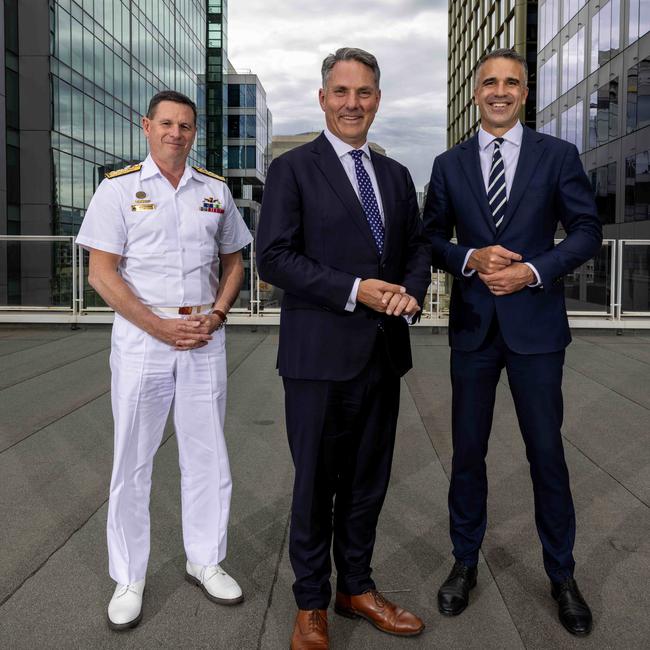 Vice Admiral Mark Hammond, Deputy Prime Minister of Australia Richard Marles and South Australian Premier Peter Malinauskas at the Defending Australia round table held at The Advertiser on February 20. Picture: Kelly Barnes