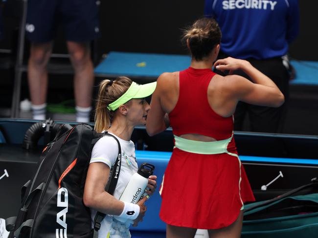 Lesia Tsurenko leaves the court without shaking hands with Aryna Sabalenka. Picture: Mark Stewart