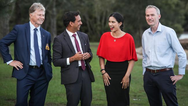 Four of the six Banks candidates at Picnic Point. Reginald Wright (UAP), Chris Gambian (ALP), Anjali Thakur (AJP) and David Coleman (Lib). Picture: Carmela Roche