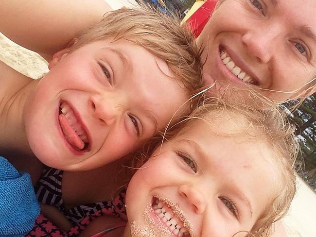 Hannah Gray with her children Angus, 6 and Mabel, 3. Hannah was on board the Jetstar flight from Melbourne to Hobart when it was struck by lightning on the 4/10/16 and was forces to return to Melbourne.