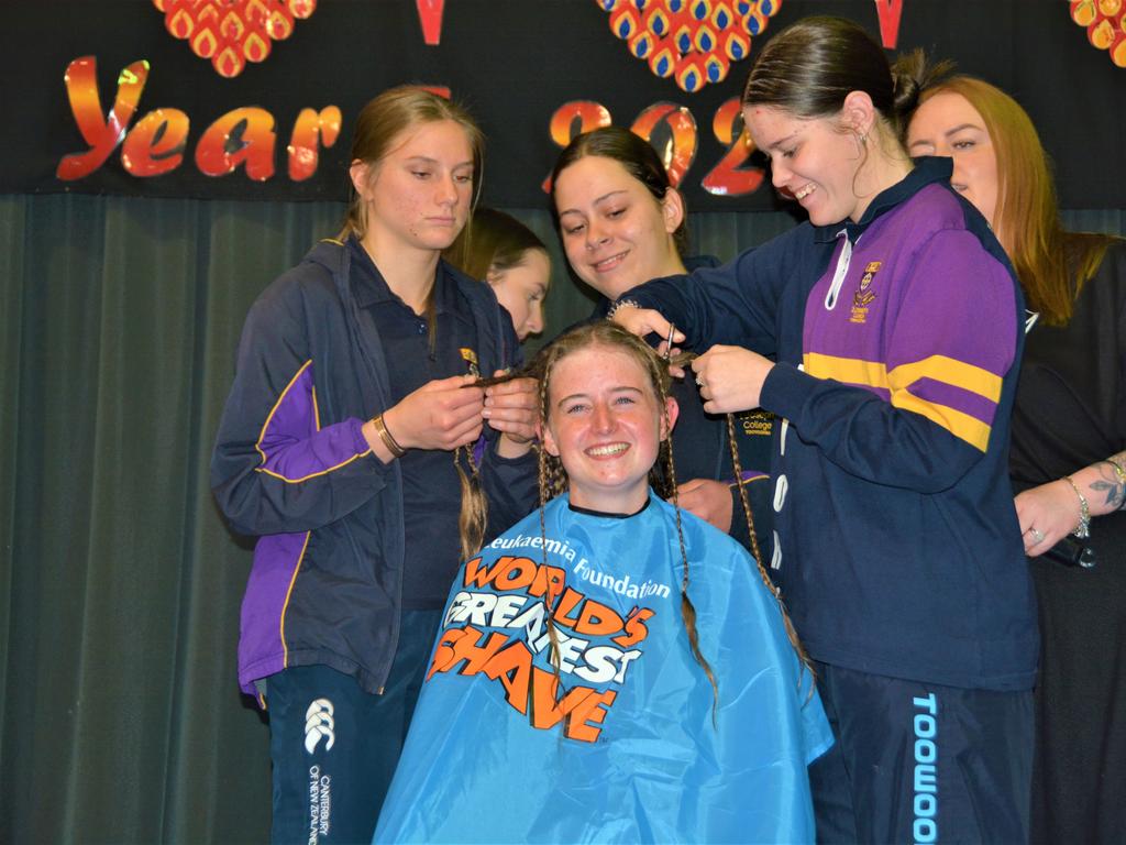 At the St Joseph's College 2023 World's Greatest Shave event is Jordan Steinhardt surrounded by her support crew. Picture: Rhylea Millar