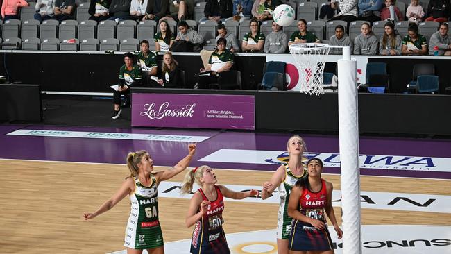 USQ Ipswich Jets and Wildcats netballers wait to see if the shot is successful during their Rd 2 Sapphire Series match. The Jets won 56-45. Picture: Ipswich Jets Media