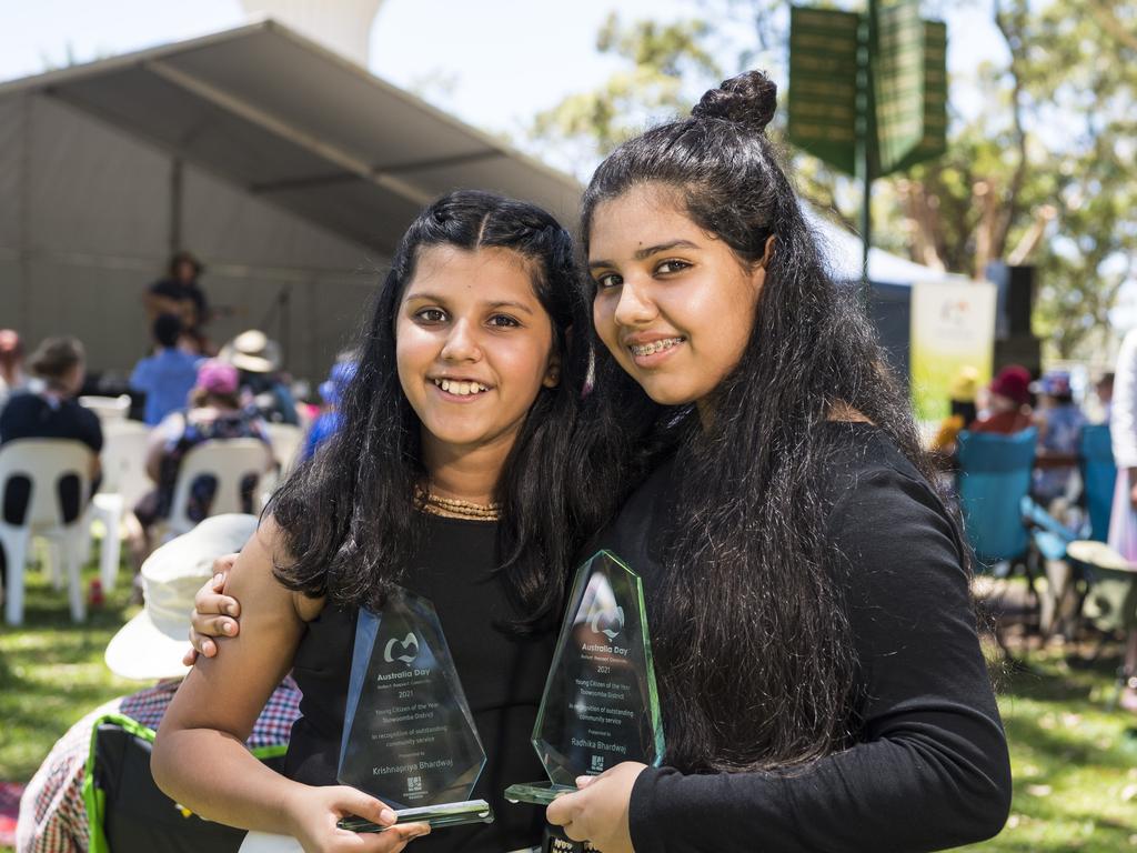 Krishnapriya (left) and Radhika Bhardwaj are the Toowoomba District Young Citizen of the Year award recipients on Australia Day 2021 at Picnic Point. Picture: Kevin Farmer