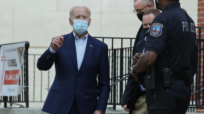 Democratic presidential nominee Joe Biden leaving mass at St. Joseph’s Church in Wilmington, Delaware.