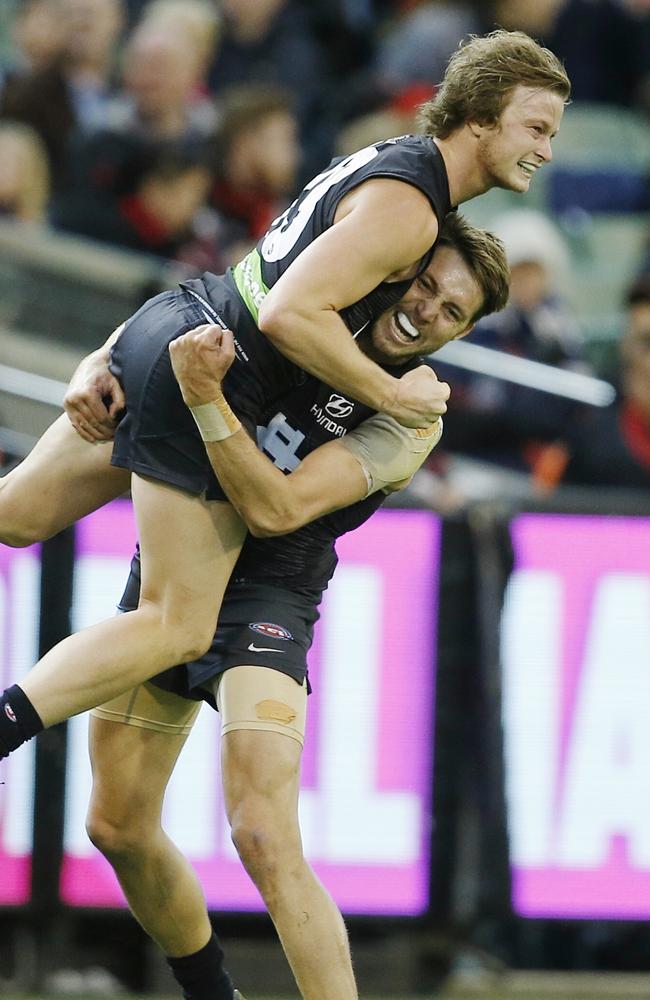 Liam Sumner and Dale Thomas celebrate after the siren. Picture: Michael Klein