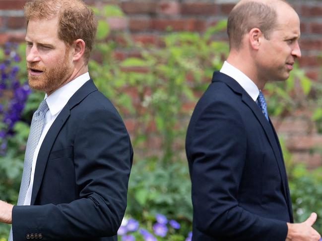 TOPSHOT - Britain's Prince Harry, Duke of Sussex (L) and Britain's Prince William, Duke of Cambridge attend the unveiling of a statue of their mother, Princess Diana at The Sunken Garden in Kensington Palace, London on July 1, 2021, which would have been her 60th birthday. - Princes William and Harry set aside their differences on Thursday to unveil a new statue of their mother, Princess Diana, on what would have been her 60th birthday. (Photo by Dominic Lipinski / POOL / AFP)