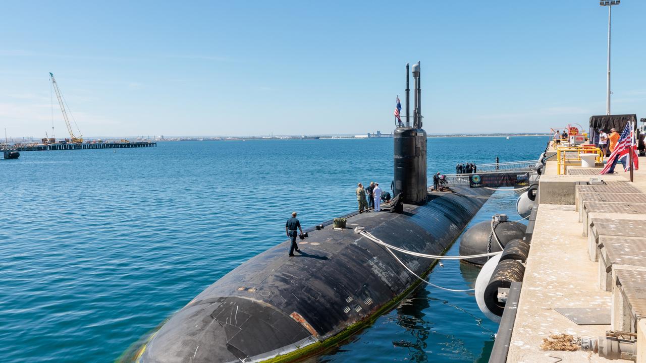 The USS Asheville, a Los Angeles-class nuclear-powered fast attack submarine, at HMAS Stirling, Western Australia. Picture: NCA NewsWire / pool / Richard Wainwright