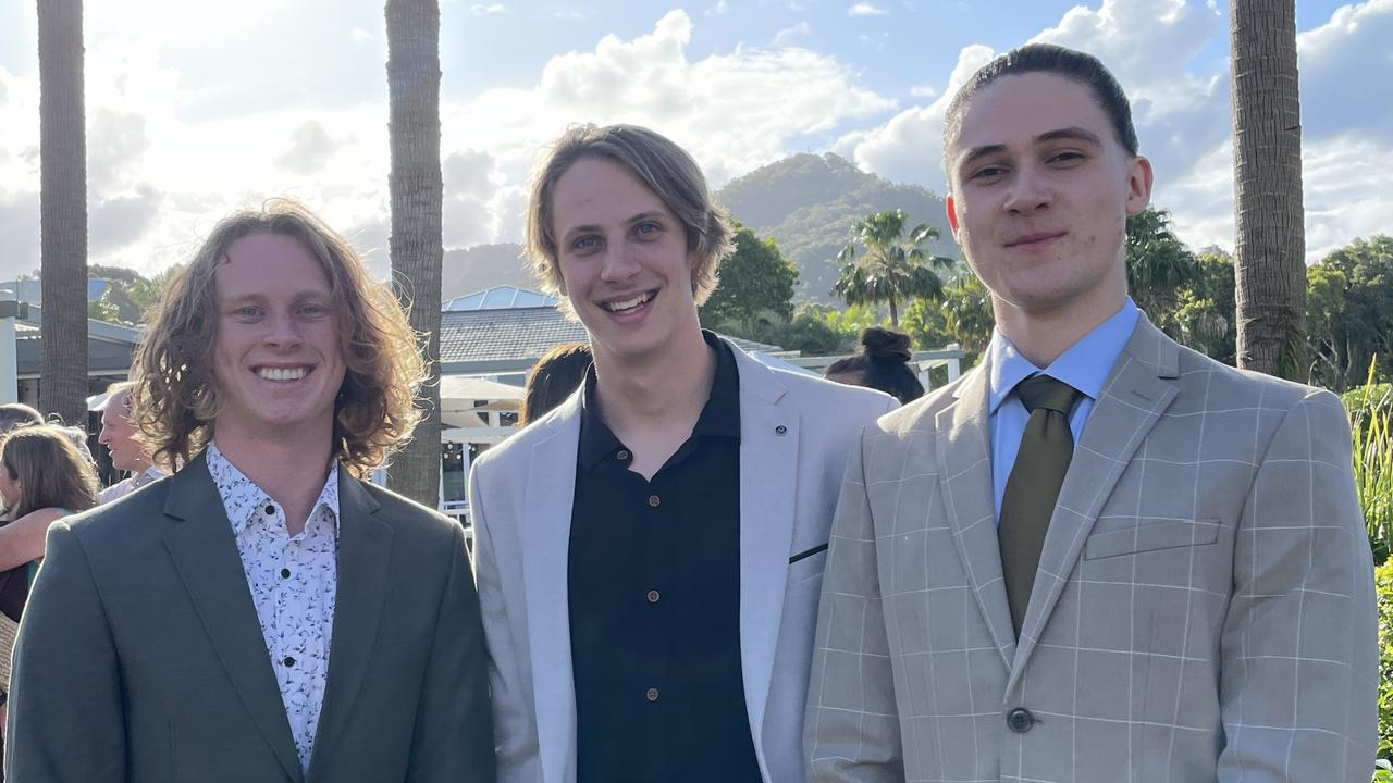 Talon Mitchell, Jake Maric and Eden Kelsall at the Year 12 Woolgoolga High School formal. Picture: Matt Gazy