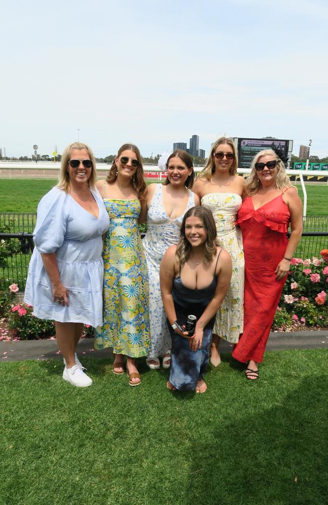 Nicole, Ella, Logan, Monique, Allison and Cassidy at Seppelt Wines Stakes Day 2024 at Flemington Racecourse. Picture: Gemma Scerri