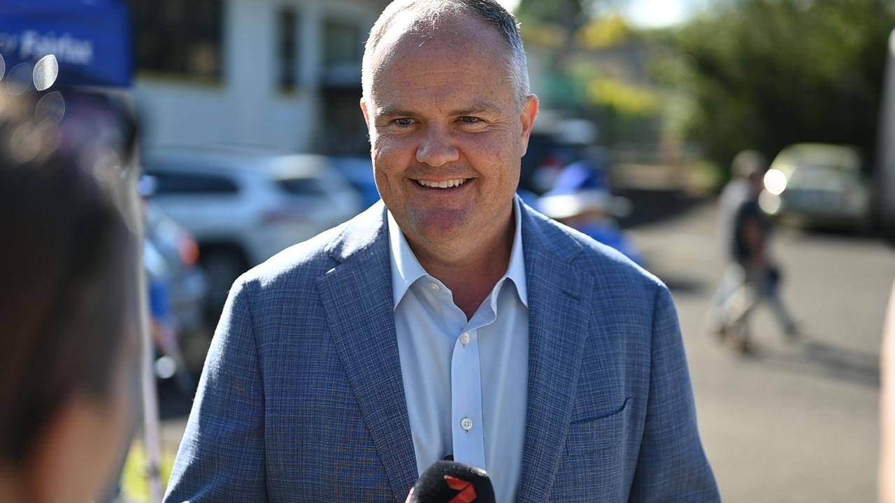 Incumbent LNP Member for Fairfax Ted O'Brien talks to media on federal election day, May 3, 2025.