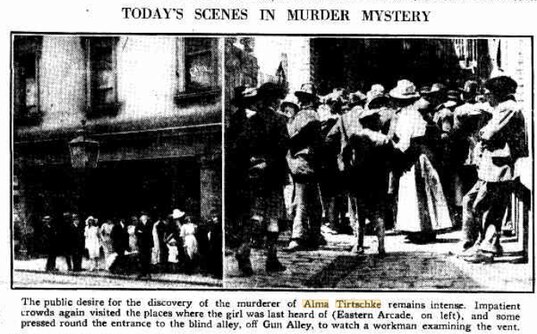 Crowds of curious onlookers (left) visiting Eastern Arcade, where Alma was last seen, and Gun Alley, where her body was found.