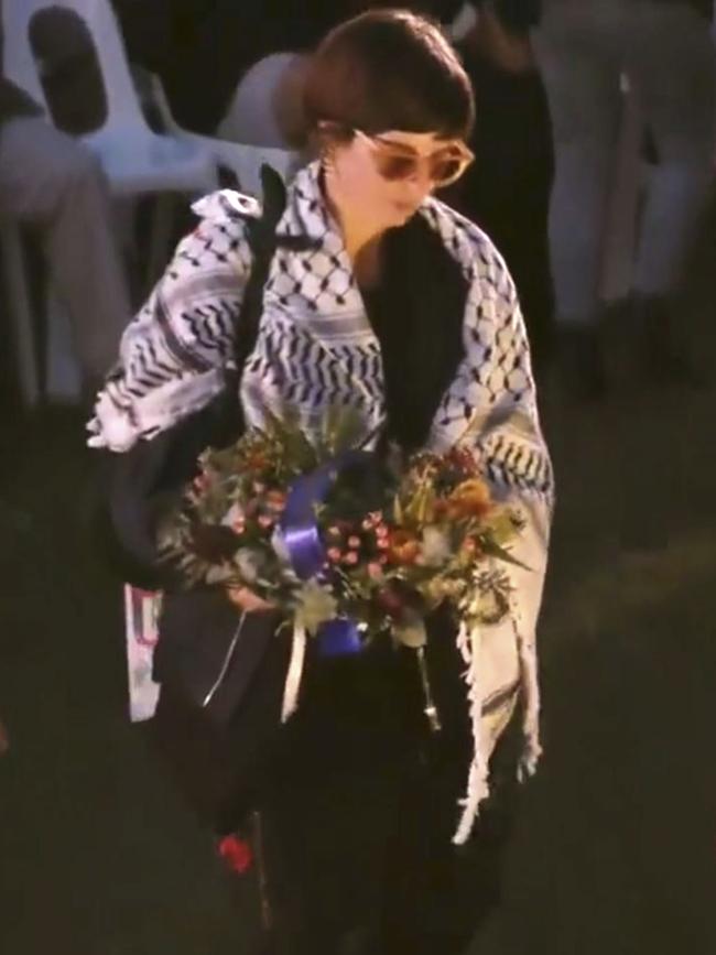 NSW Greens councillor Rafaela Pandolfini wearing an Arab keffiyeh at the Anzac Day dawn service in Coogee.