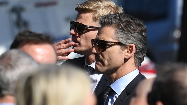 Eric Bana with Nick Riewoldt at Danny Frawley’s memorial service in September 2019.