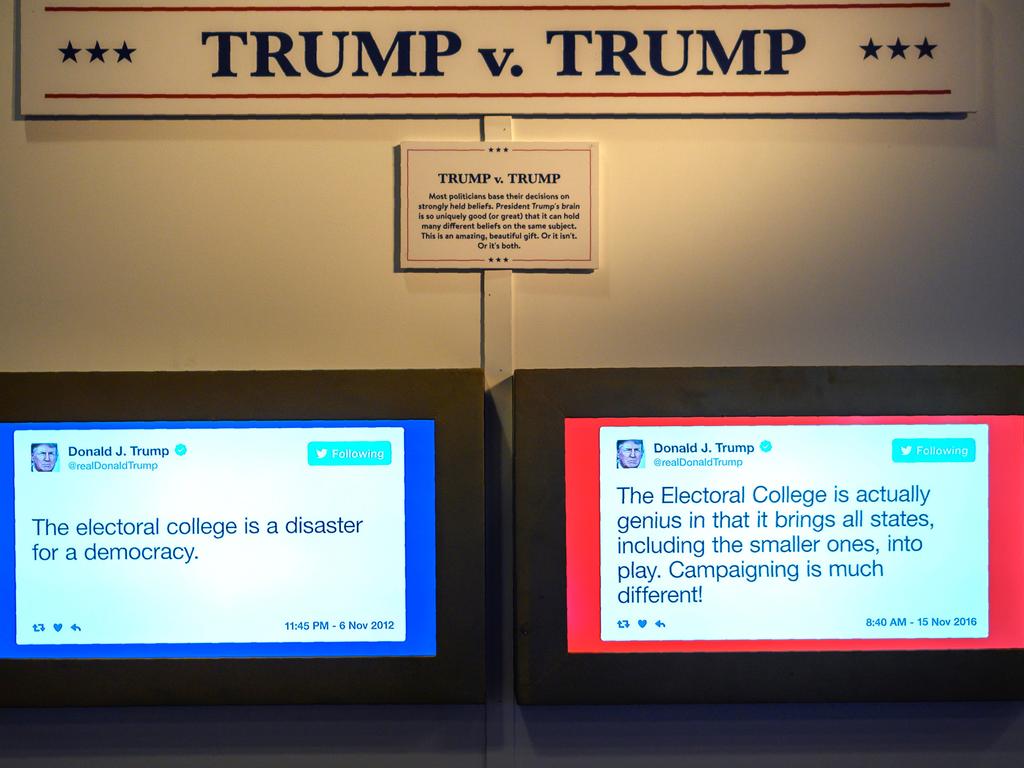 Tweets by US President Donald Trump are displayed at The Daily Show Presents: The Donald J. Trump Presidential Twitter Library exhibition in Washington, DC. Picture: AFP