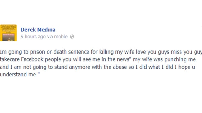 A post that appeared on Derek Medina’s Facebook page preceding a separate post that included a photo of his dead wife, Jennifer Alfonso.
