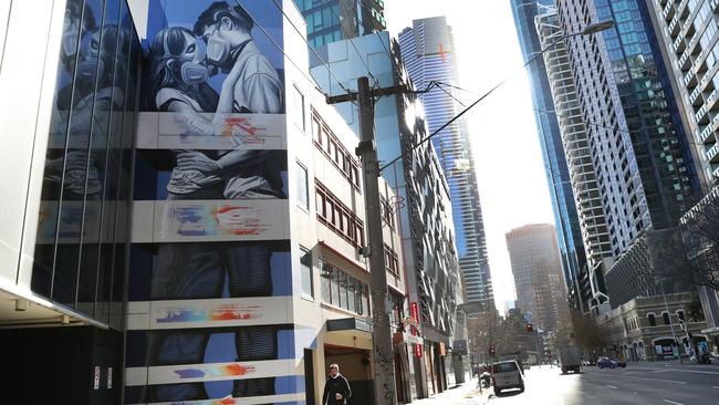 A COVID mural is seen in Southbank during stage four COVID-19 lockdown in Melbourne. Picture: David Crosling