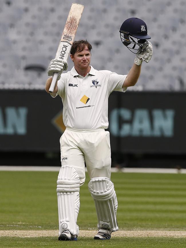 Travis Dean celebrates his century on Sheffield Shield debut in 2015. Picture: Wayne Ludbey