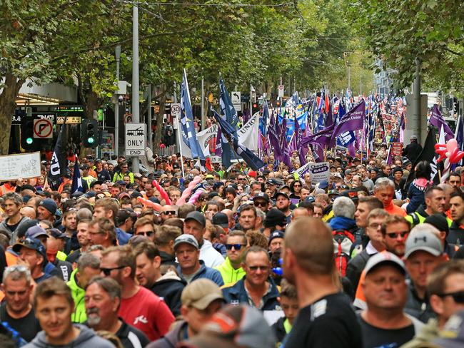 ÒChange the RulesÓ union protest rally in Melbournes CBD. The crowd heads down Swanston Street. Picture: Mark Stewart