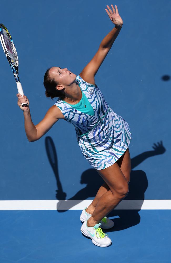 Jarmila Gajdosova serves in her first round match against Alexandra Dulgheru. Picture: Getty