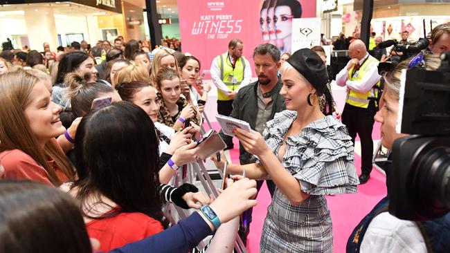 Katy Perry speaks to fans at Westfield Marion in July 2018. Picture: AAP / Keryn Stevens