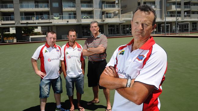 Greg Rolls, Mark McAleer, Ben Walsh and Warren Birks at Indooroopilly Bowls Club when it went into liquidation in 2014. Pic: Patria Jannides