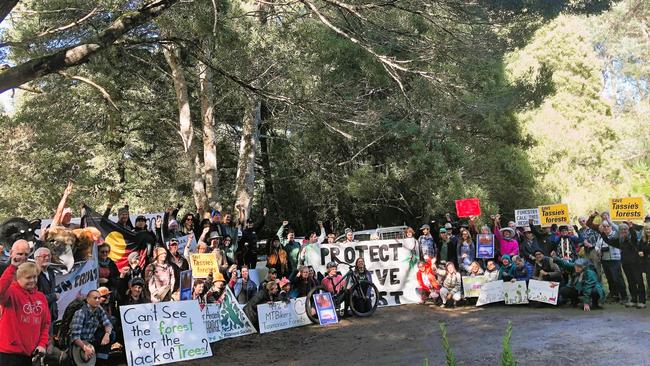 Locals concerned about logging plans near Maydena, including adjacent to the Maydena Bike Park and Junee Cave State Reserve, gathered to express their opposition to the plans. Picture: Supplied