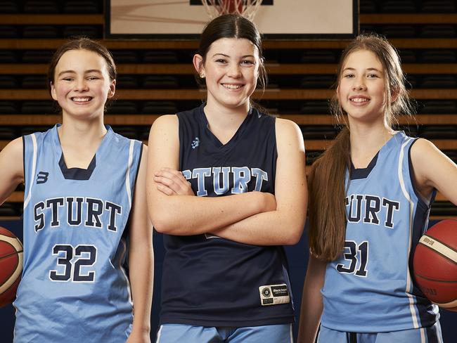 Sydney Reemst, 13, Kallie Mellow, 13, and Scarlett OÃ¢â¬â¢Halloran, 13, after training at Seymour College in Glen Osmond, before heading to the National Junior Classic in Melbourne, Wednesday, June 8, 2022. Picture: MATT LOXTON