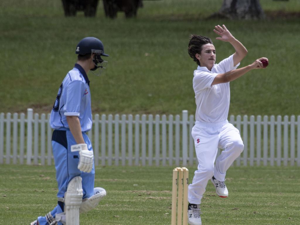 Hayden Kleidon bowls for Lockyer. Mitchell Shield, Toowoomba vs Lockyer. Sunday, January 23, 2022. Picture: Nev Madsen.