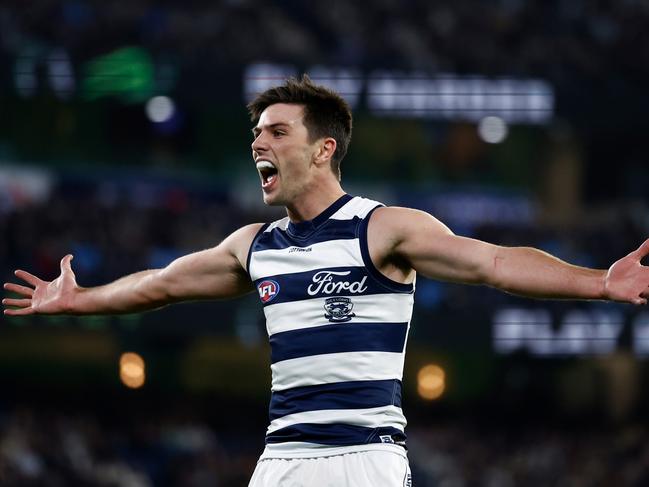 Ollie Henry’s celebration after his slot from the boundary. Picture: Michael Willson/AFL Photos via Getty Images
