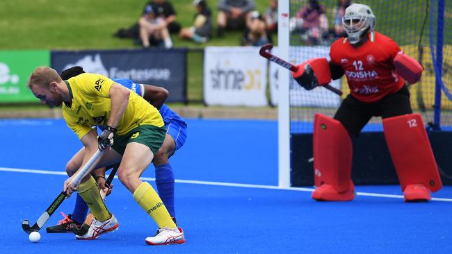 Jacob Anderson of the Kookaburras competes in front of goal during game 2 of the International Hockey Test Series between Australia and India at MATE Stadium on November 27, 2022 in Adelaide, Australia. Picture: by Mark Brake/Getty Images for Hockey Australia