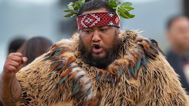 A Maori warrior at the New Zealand Navy parade prior to Waitangi Day in Waitangi, New Zealand. Picture: AAP.