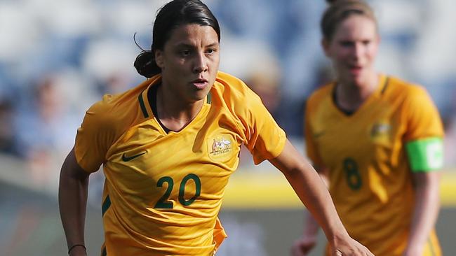 Sam Kerr in action for the Matildas against China in Geelong.