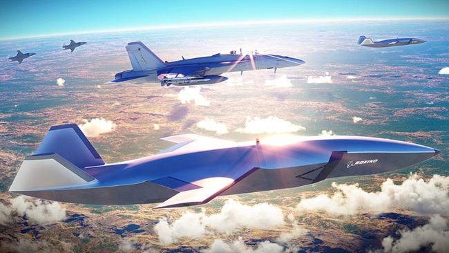 An artist's impression showing the proposed 'Loyal Wingman' drone flying in formation with a manned RAAF F/A-18 fighter. Picture: Boeing