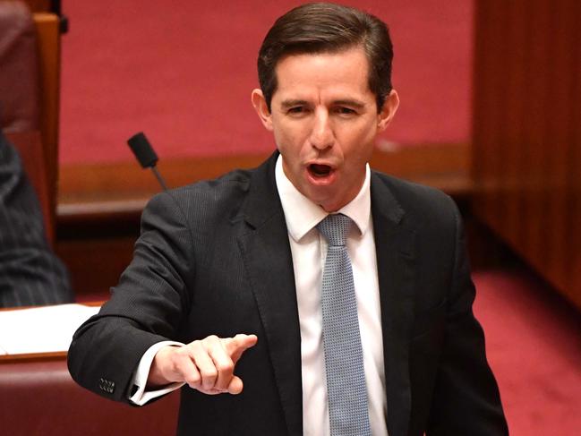 Minister for Education Simon Birmingham during Senate Question Time in the Senate chamber at Parliament House in Canberra, Thursday, March 22, 2018. (AAP Image/Mick Tsikas) NO ARCHIVING