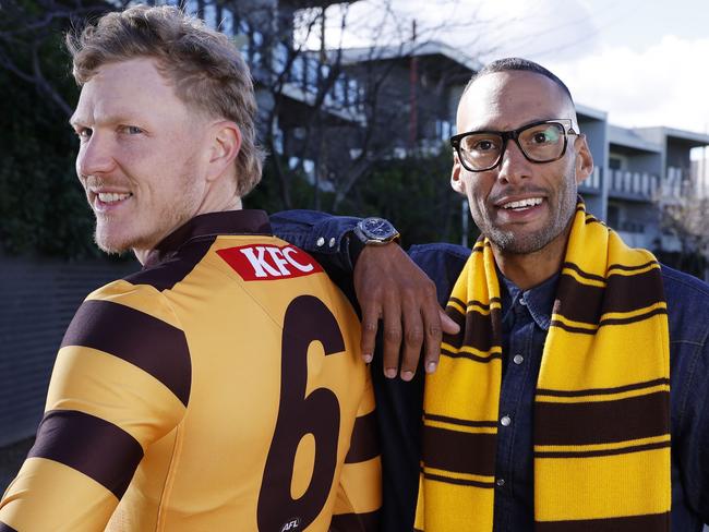 WARNING DO NOT USE. FOR SUNDAY HERALDSUN. NCA. MELBOURNE, AUSTRALIA. April 27th, 2025 . AFL Hawthorn celebrating 100 years in the VFL / AFL .   The number 6Ã Hawthorn skipper James Sicily who currently wears 6 with Josh Gibson who previously wore the number    .   Picture: Michael Klein