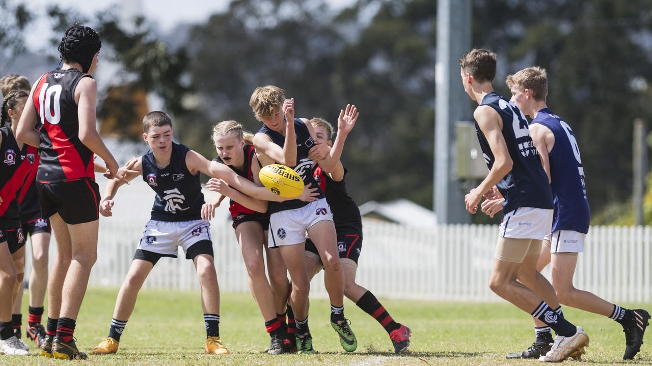 South Toowoomba Bombers against Coolaroo in U14 AFL Darling Downs grand final at Rockville Park, Saturday, September 2, 2023. Picture: Kevin Farmer